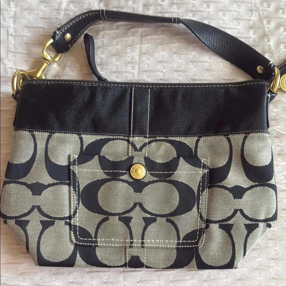 Coach Black and Gray Shoulder Bag with Signature Monogram